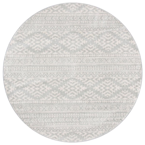SAFAVIEH Tulum Light Gray/Ivory Doormat 3 ft. x 3 ft. Round Tribal Geometric Striped Area Rug
