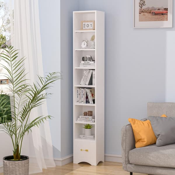 VECELO Tall Narrow Bookshelf with Adjustable Shelves – Stylish Slim Storage Cabinet, White 7 Cubes and Drawer Accent Cabinet