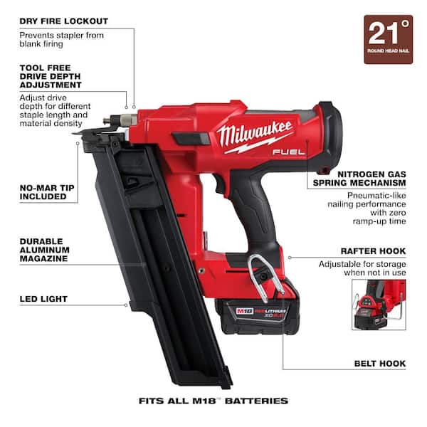 Milwaukee M18 FUEL 3 1 2 in. 18 Volt 21 Deg. Lithium Ion Brushless Cordless Framing Nailer Kit with 5.0 Ah Battery Charger Bag 2744 21 The Home Depot