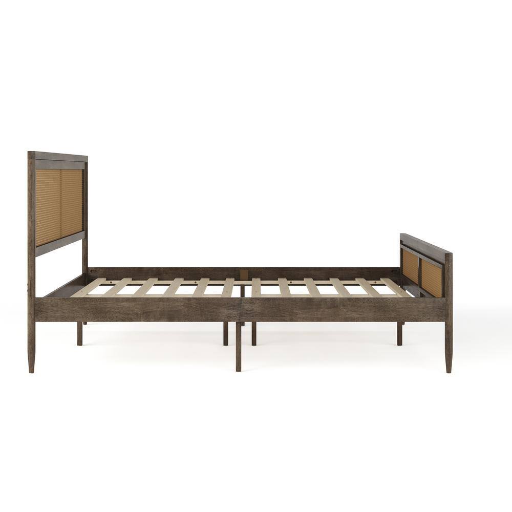 Brown Gray Queen Wood Platform Bed with Rattan Headboard and Footboard
