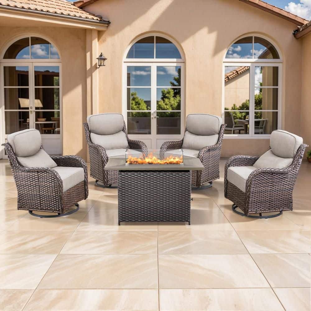 NovaSwivel 5-Piece Brown Wicker Patio Conversation Set Outdoor Fire Pit with 6 in. Beige Cushions and Swivel Gliders price history on PriceWatchPro