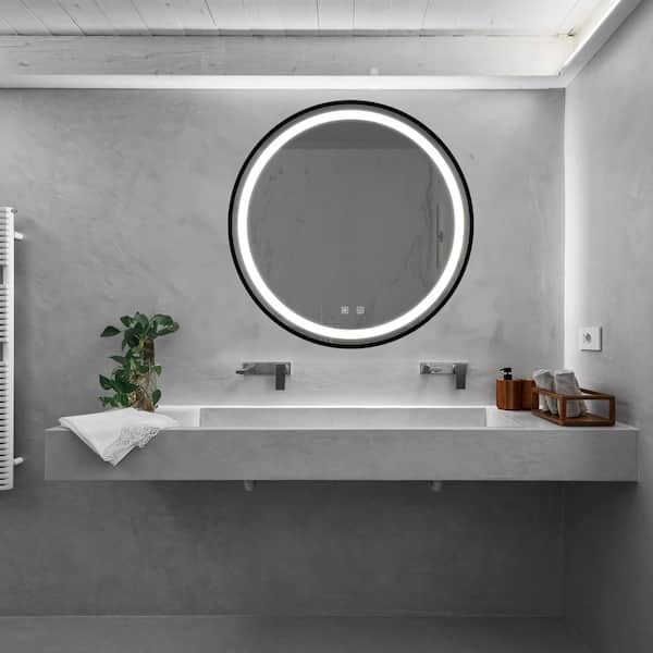Unbranded Black and Silver 32 in. W x 32 in. H Modern Round Glass Framed Mirror Bathroom Mirror
