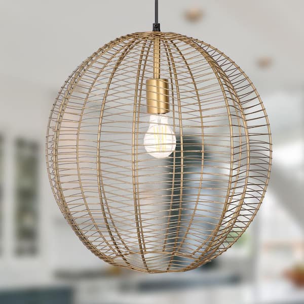 Jennie 40-Watt 1-Light 12 in. Antique Brass Wire-Wrapped Cage Pendant Light with Globe Shade