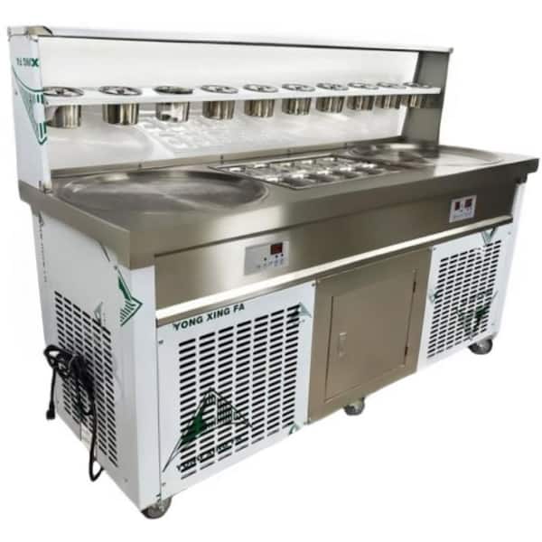 70.5 in. 2100W Stainless Steel Commercial NSF 2-Pan Ice Cream Roll Machine EC2234B with 20 Ingredient Container