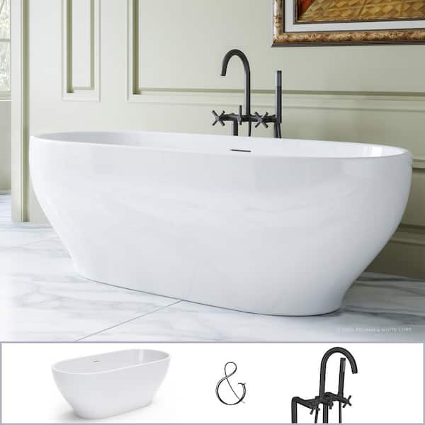 PELHAM & WHITE W-I-D-E Series Palisades 67 in. Acrylic Oval Freestanding Bathtub in White, Floor-Mount Faucet in Matte Black