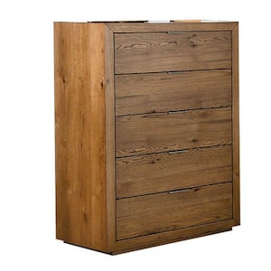 32 in. Brown 5-Drawer Wooden Dresser Without Mirror