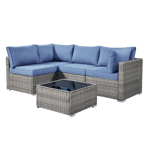 Sanibel Gray 5-Piece Wicker Patio Conversation Sofa Sectional Set with Denim Blue Cushions