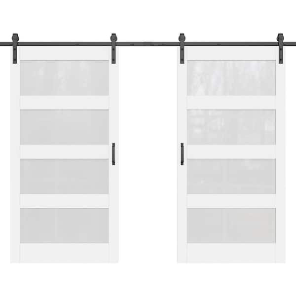 ARK DESIGN 84 in. x 84 in. 4 Lite Tempered Frosted Glass White Prefinished MDF Barn Door Slab with Hardware Kit