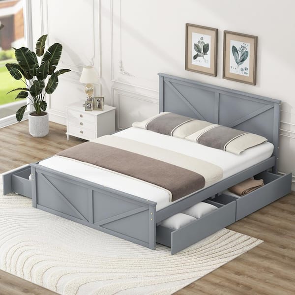 Harper & Bright Designs Gray Wood Frame Queen Size Platform Bed with Four Storage Drawers