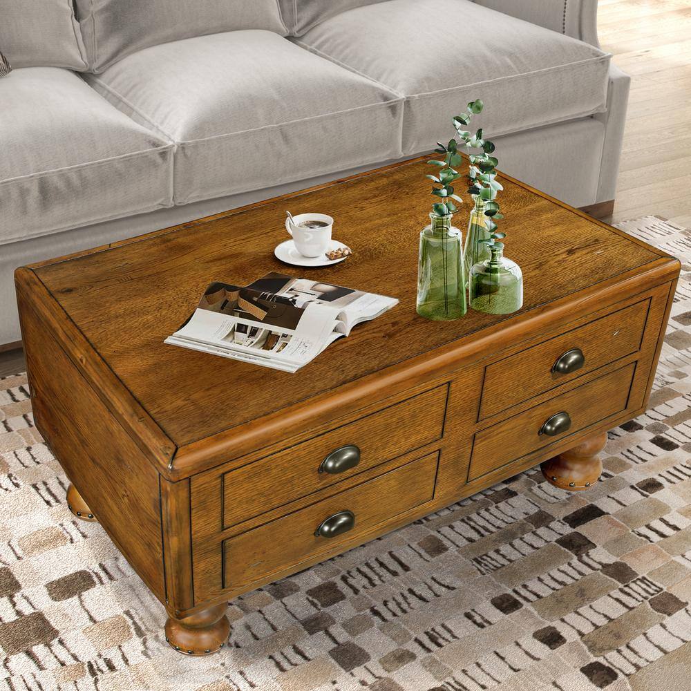 Antique Brown Wood Rectangular Coffee Table with Storage