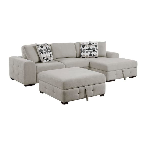 Laconia 115 in. Round Arm 3-Piece Sectional Sofa with Right Chaise and Ottoman in Taupe