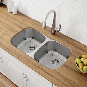 Premier 16- Gauge Stainless Steel 32 in. 50/50 Double Bowl Undermount Kitchen Sink with WasteGuard Garbage Disposal