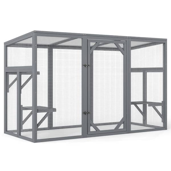 Outdoor Cat Catio House, Wooden Cat Enclosure with Tilted PC Sun Roof
