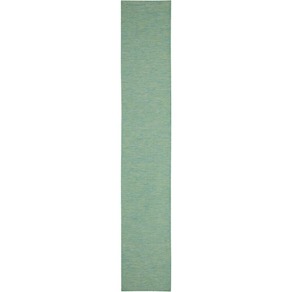 Nourison Positano Blue/Green 2 ft. x 12 ft. Kitchen Runner Solid Modern Indoor/Outdoor Patio Area Rug