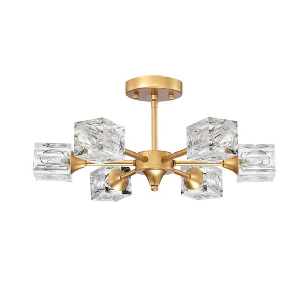 Keazile 18 in. 6-Light Modern Gold Chandelier Light Fixture with Crystal Shade, Semi Flush Mount Ceiling Light for Living Room