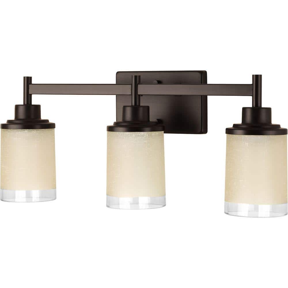 Antique Bronze 3-Light Bath Vanity Fixture with Linen Glass Shades
