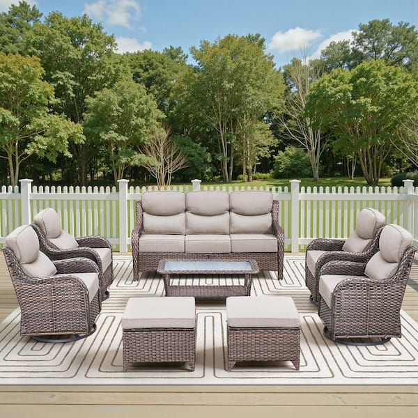 Holion Brown 8-Piece Wicker Patio Conversation Swivel Glider Set Outdoor Sofa Seating Set with 6 in. Beige Cushions