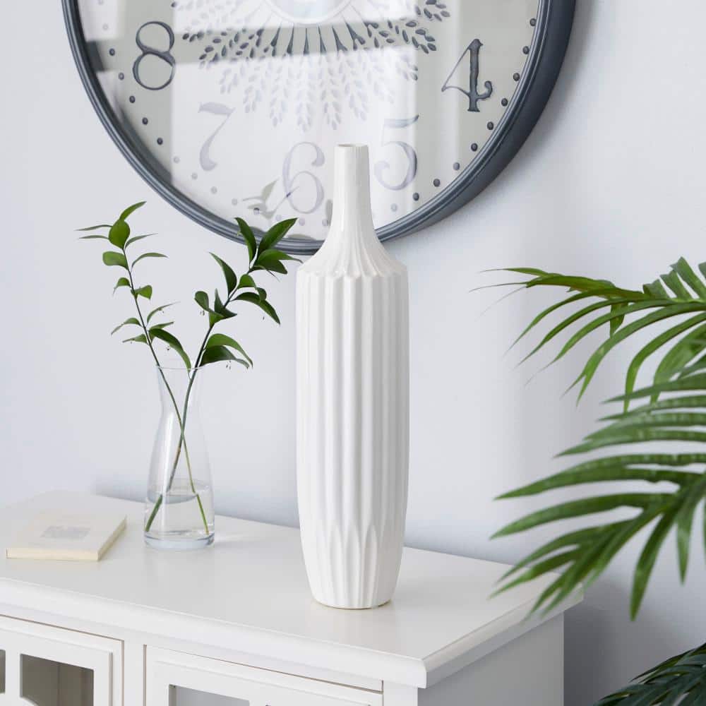 Ceramic Elegance 19" Tall Bud Vase with Vertical Groove Detail in Glossy White