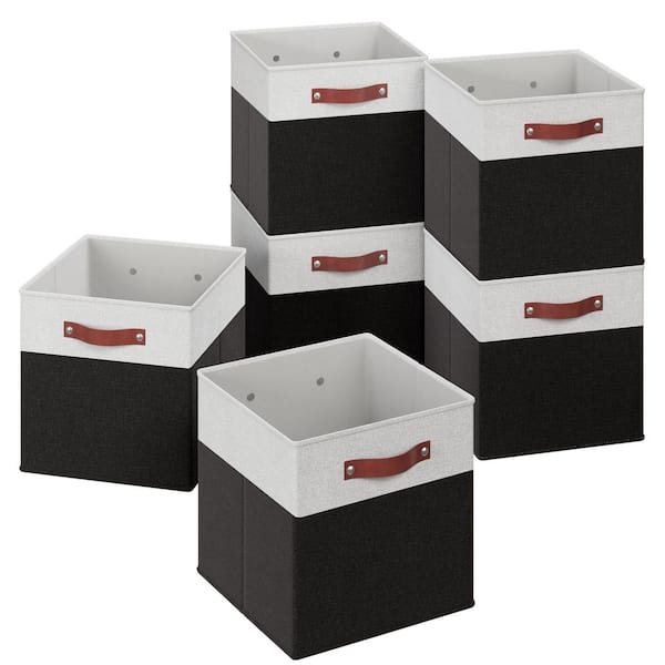 Ornavo Home White/Black 11 in. x 11 in. x 11 in. Linen Fabric Decorative Storage Cube Bin (Set of 6)