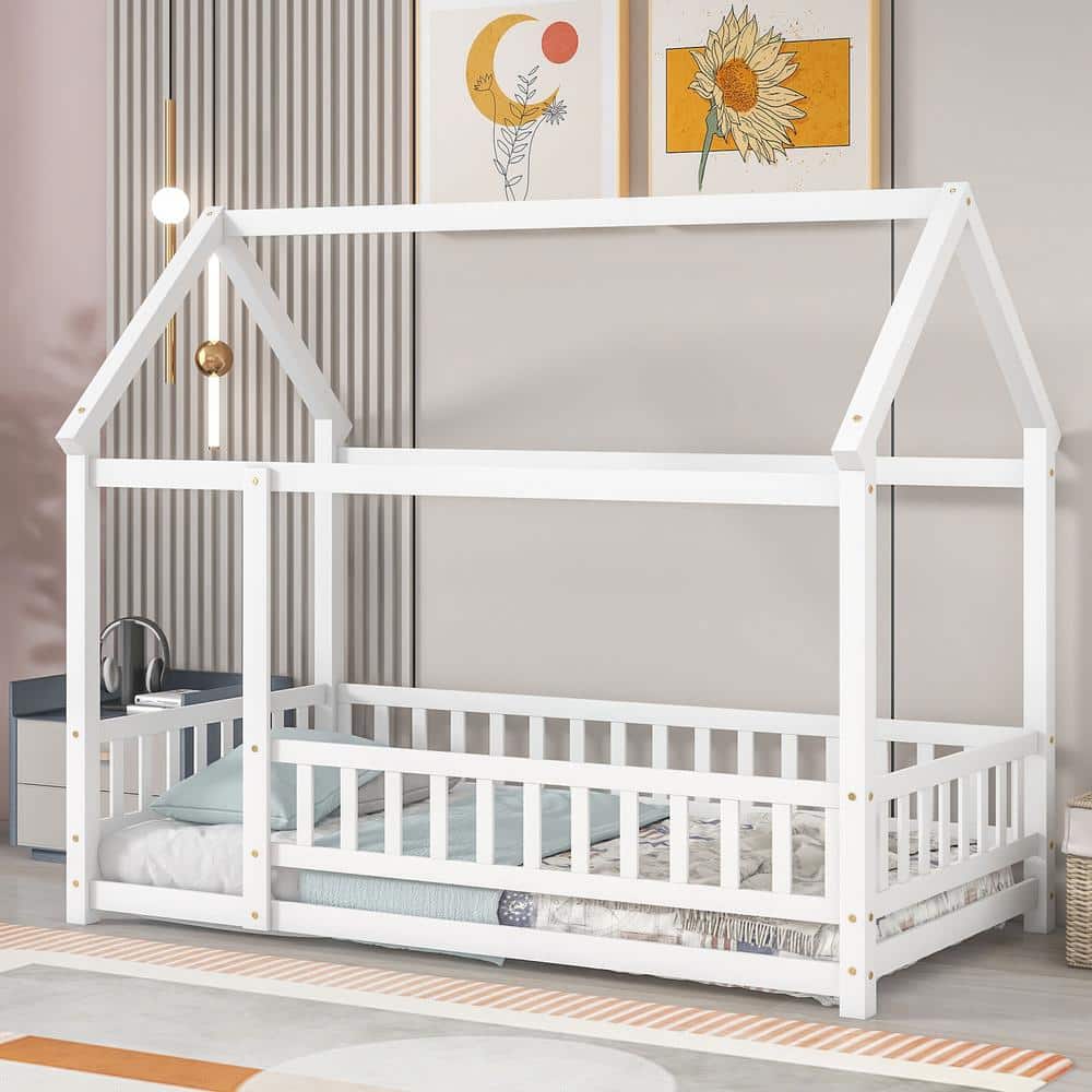 URTR Twin Size House Floor Bed,Wooden Montessori Bed with Fence and Roof for Kids,Playhouse Bed Frame for Girls, Boys (White) T-02082-2