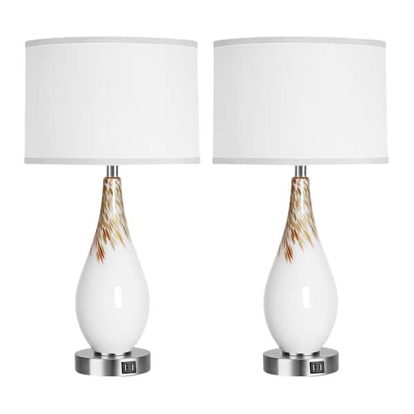 Unbranded 27.5 in. H Milk White Touch Control Table Lamps Set of 2 3-Way Dimmable Art Glass Bedside Lamp with USB Ports