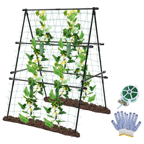 31 x 47 in. Polyethylene Coated Steel A-Frame Garden Trellis for Climbing Plants with Climbing Net Outdoor