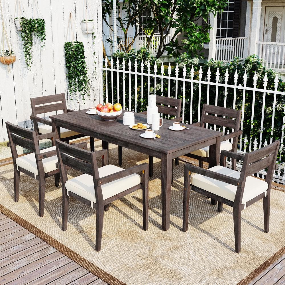 7-Piece Wood Outdoor Dining Set for 6, Table and 6 Chairs with Cushion for Patio Balcony Backyard, Gray price history on PriceWatchPro