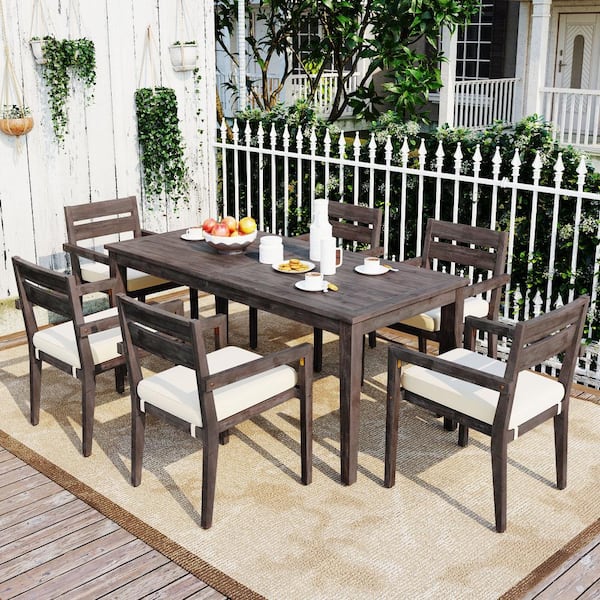 Gray 7 Pieces Acacia Wood Outdoor Dining Set with Cushions