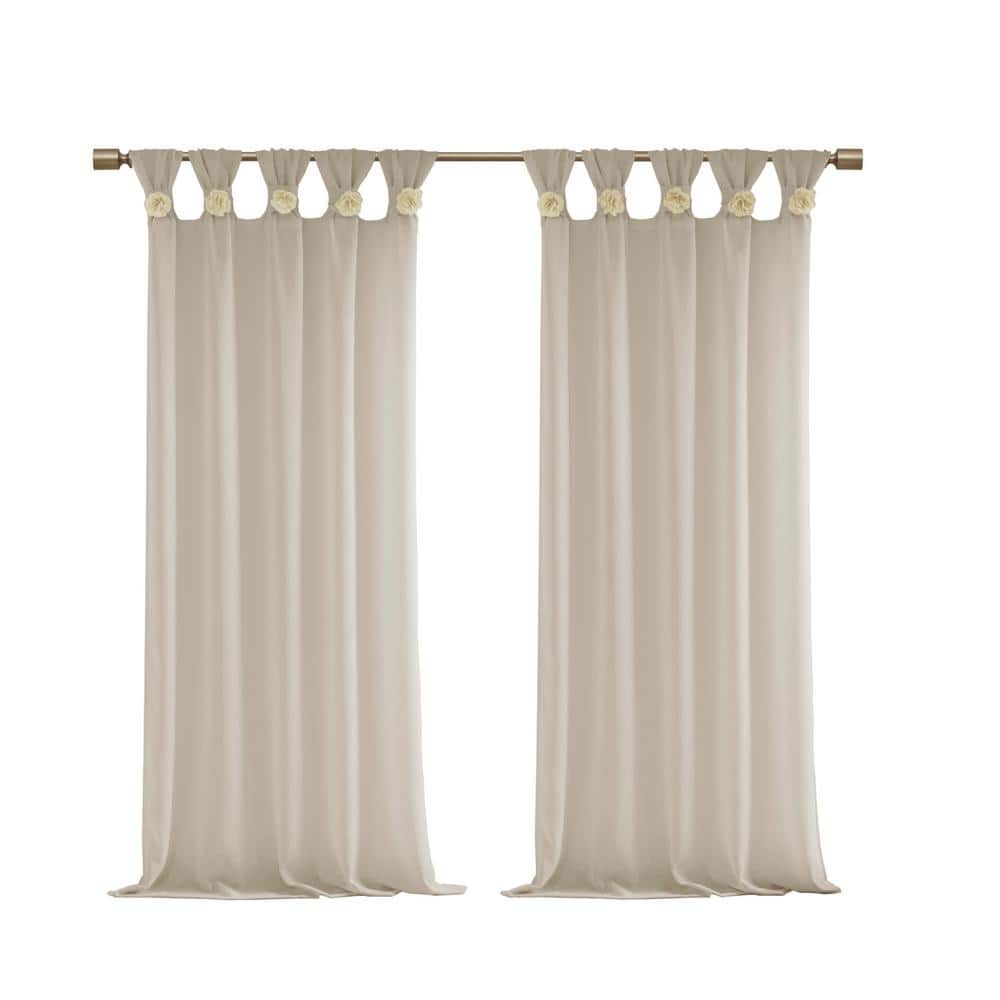 Linen Tab Top Sheer Curtain Panel with Floral Embellishments
