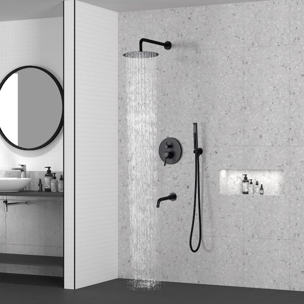 1-Spray Patterns Round 10 in. Wall Mount Dual Shower Heads with Handheld and Tub Faucet in Matte Black