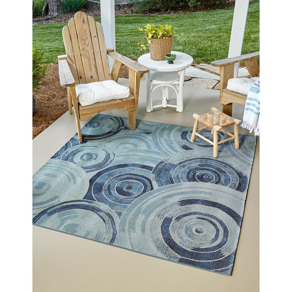 Light Blue Square Synthetic Outdoor Area Rug, 6' x 6'