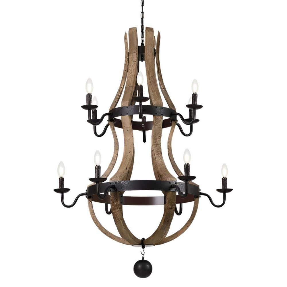 NoirEdge 12-Light Brown French Country Style Wine Barrel Chandelier