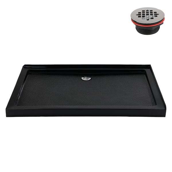 60 in. L x 36 in. W Corner Acrylic Shower Pan Base in Glossy Black with Left Hand Drain, Drain Included