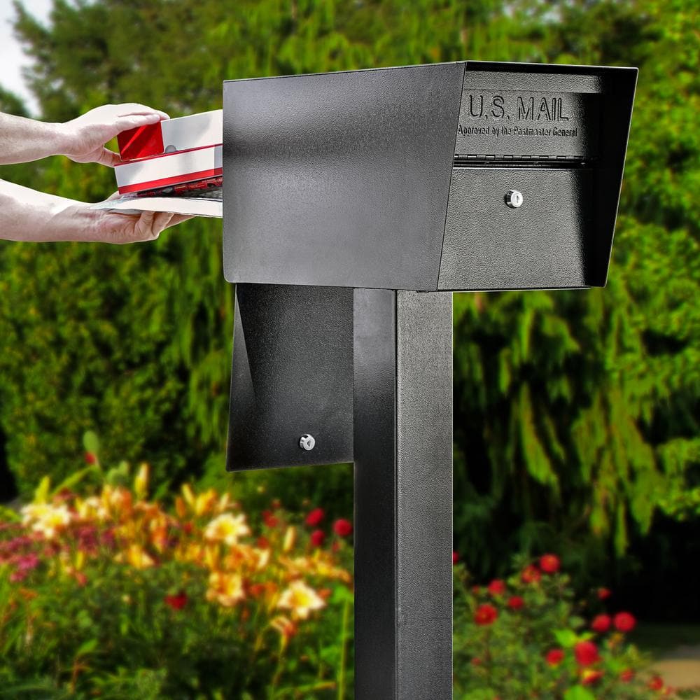 Black Steel Lockable Post Mounted Mailbox with Dual Access