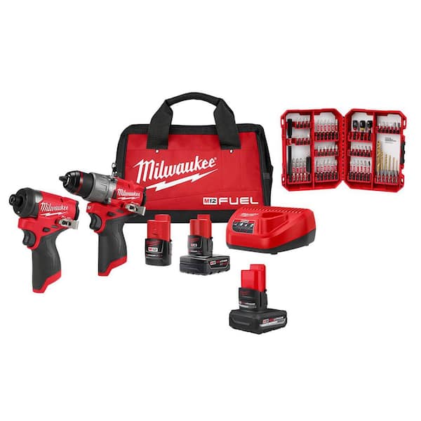 M12 FUEL 12V Cordless Hammer Drill/Impact Combo Kit (2-Tool) w/5.0Ah Battery & SHOCKWAVE Bit Set (60-Pc)