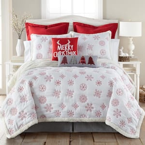 Red Snowflake 3-Piece White, Red, Cream Snowflake Reverse to Sherpa Full/Queen Quilt Set