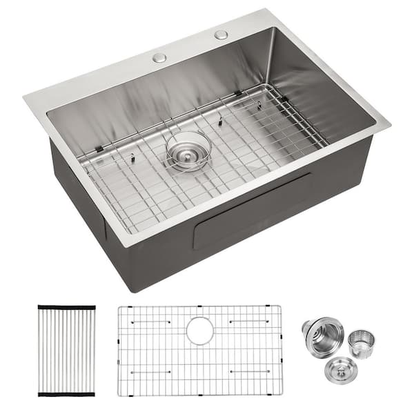 RAINLEX 30 in. L x 22 in. W Drop-in Single Bowl 16-Gauge Stainless Steel Kitchen Sink in Brushed Nickel