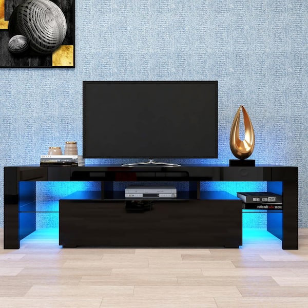 Polibi Modern TV Stand Fits TV's up to 70 in. with Modern Black TV Stand, 20 Colors LED TV Stand with Remote Control Lights