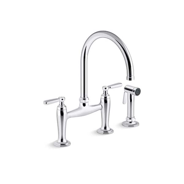 KOHLER Edalyn By Studio McGee Double-Handle 2-Hole Bridge Kitchen Faucet With Side Sprayer in Polished Chrome