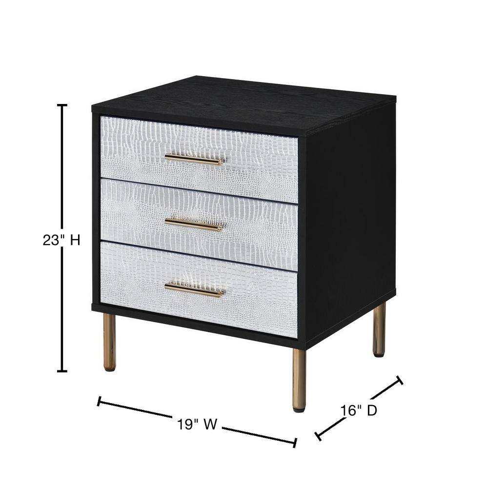 Black, Silver, and Gold 3-Drawer Faux Crocodile Nightstand