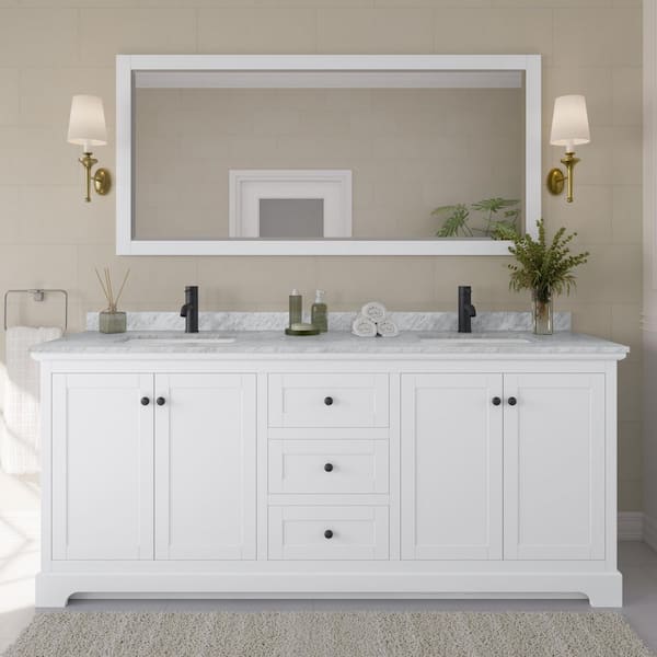 Wyndham Collection Avery 80 in. W x 22 in. D x 35 in. H Double Bath Vanity in White with White Carrara Marble Top