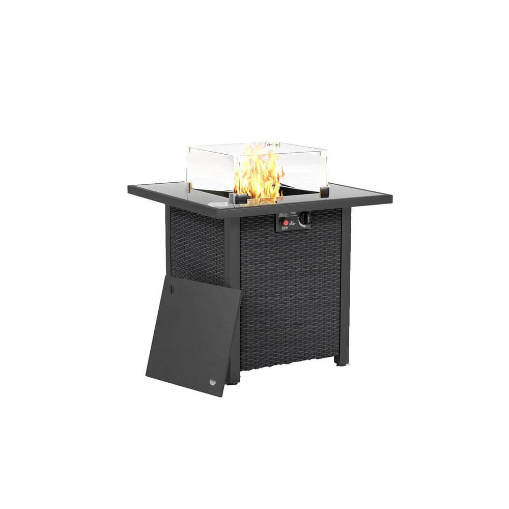 28 in. Coffee Wicker 50000 BTU Square Propane Fire Pit Table with Tempered 