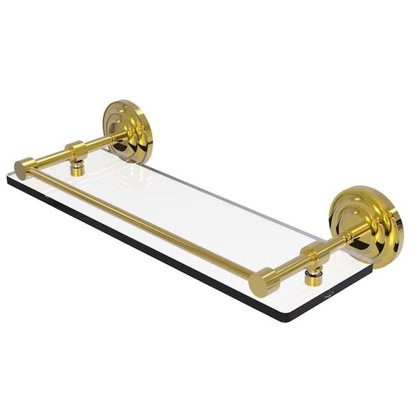 Allied Brass Que New 16 in. x 5 in. x 3 in. Tempered Glass Shelf with Gallery Rail in Unlacquered Brass