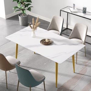 63 in. White Sintered Stone Tabletop Gold with 4 Golden Metal Legs Dining Table (Seats 6)