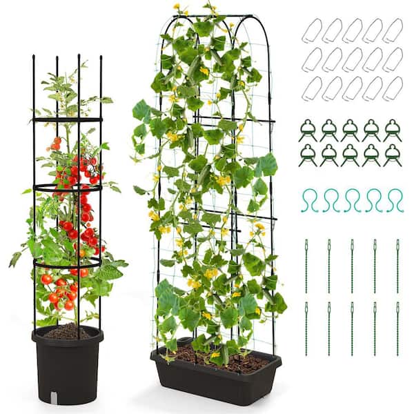 HONEY JOY Black Metal Garden Trellis 58.5 in. Tomato Cage 71 in. Cucumber Trellis w/ Planter Box Self-Priming Irrigation(2-Pack)