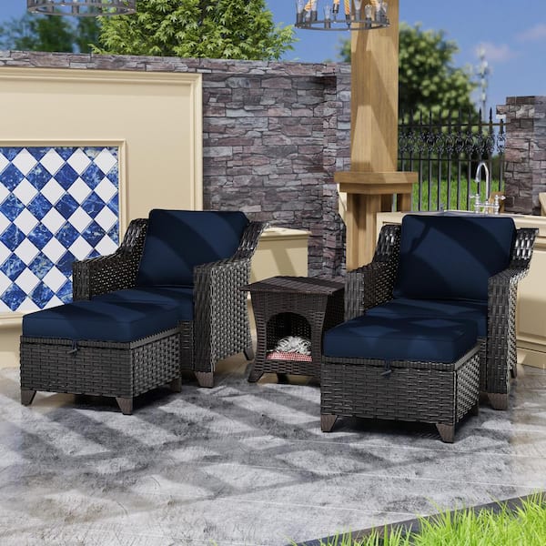 JOYSIDE 5-Piece Wicker Outdoor Patio Conversation Set with Swivel Rocking Chair, Side table, Ottomans and Blue Cushions