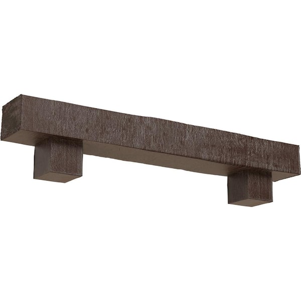 Ekena Millwork 4 in. x 4 in. x 3 ft. Rough Cedar Faux Wood Fireplace Mantel Kit, Alamo Corbels, Aged Pecan