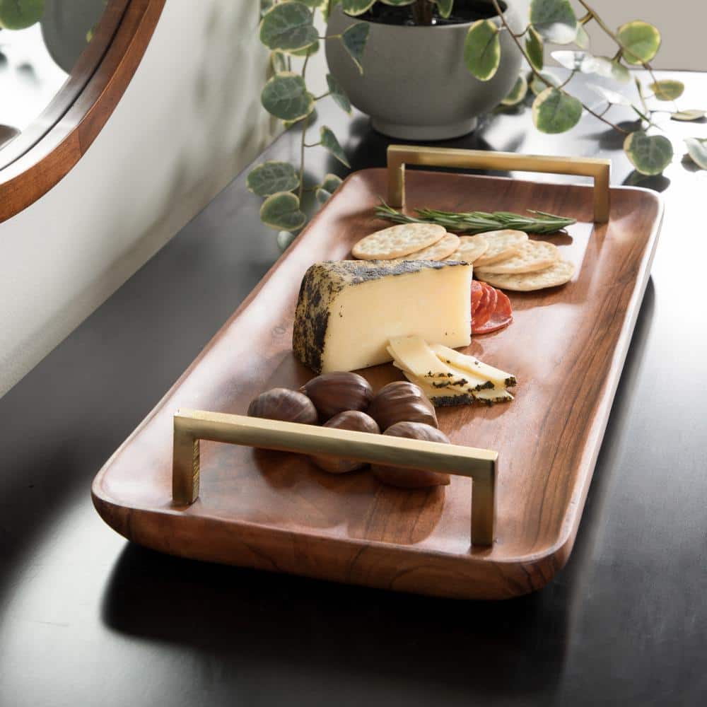 Walnut Brown Acacia Wood Rectangular Serving Tray with Gold Handles
