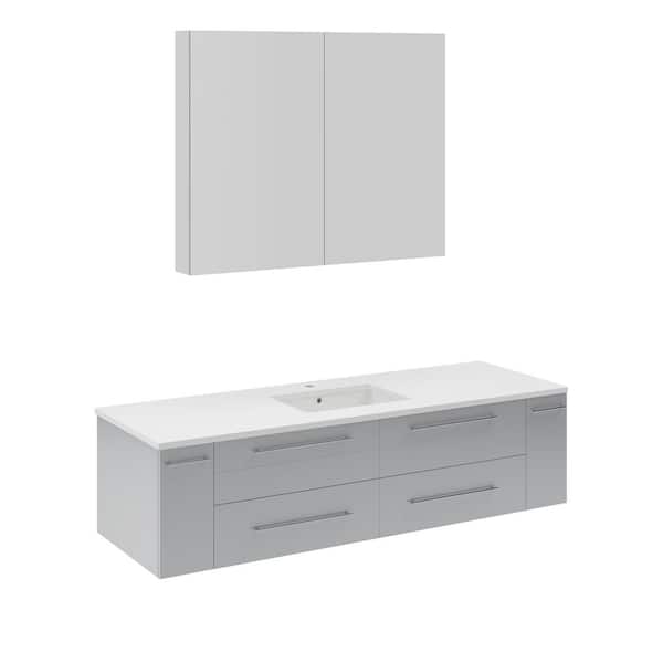 Fresca Lucera 60 in. Single Sink Wall Mount Gray Bath Vanity with White Quartz Top, Undermount Sink and Medicine Cabinet