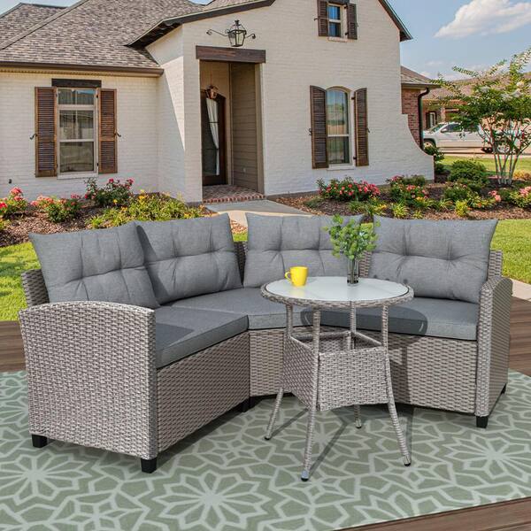 4 Piece Wicker Patio Furniture Set with Light Gray Cushions SBY